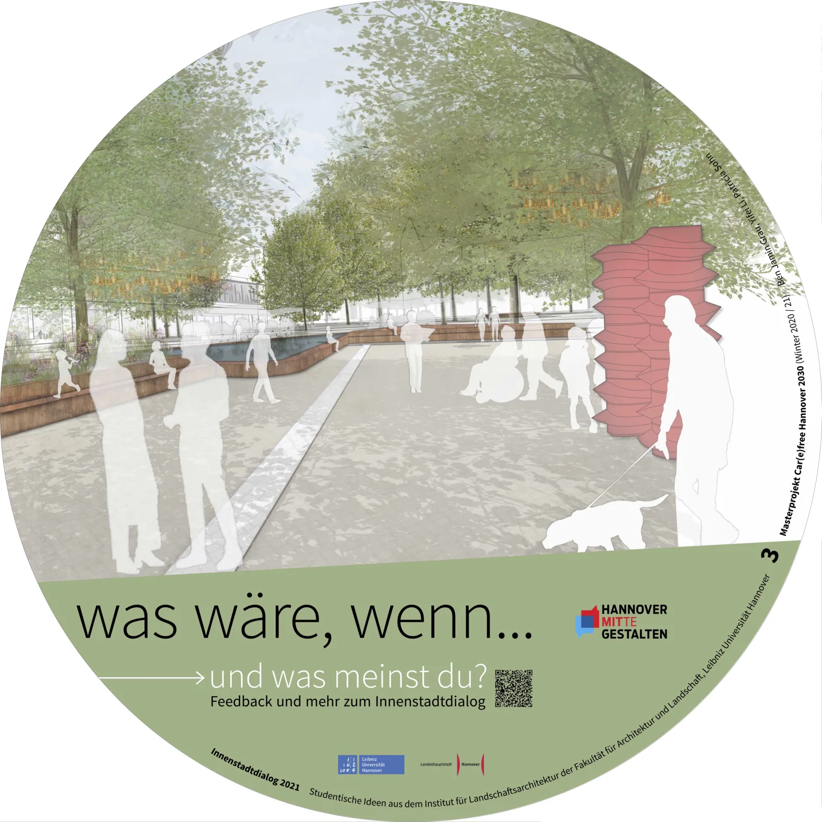 Visualisierung, die Menschen auf einem Platz zeigt. An der Seite eine Kunstskulptur. Drumherum alles voller Bäume.